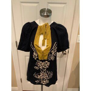 Lia Molly Black & Dark Yellow Short Sleeve V-Neck Floral Sweater, Size M